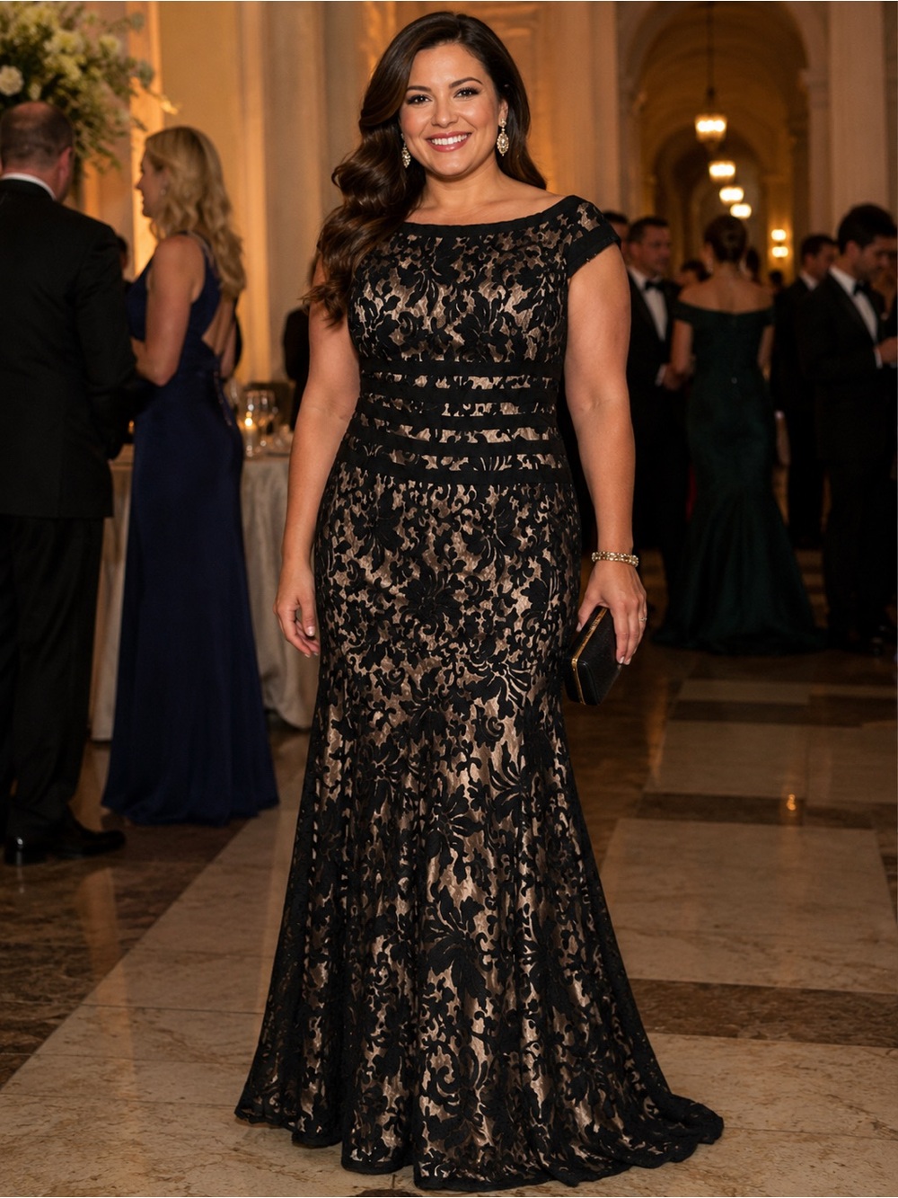 Tadashi Shoji Black Lace Maxi Gown with Nude Underlay Size 14